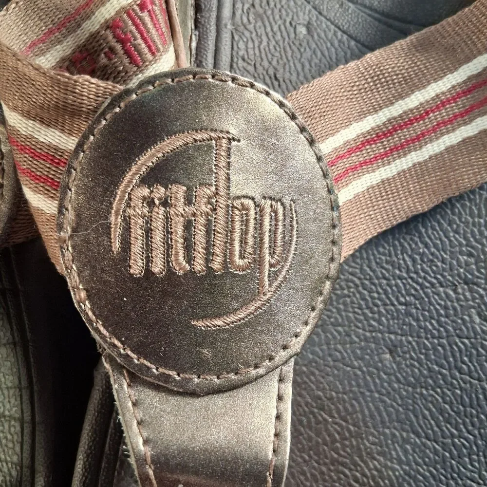 Women's FitFlop Brown Stripe Thong Webbing Leather Sandal Women's Size 8